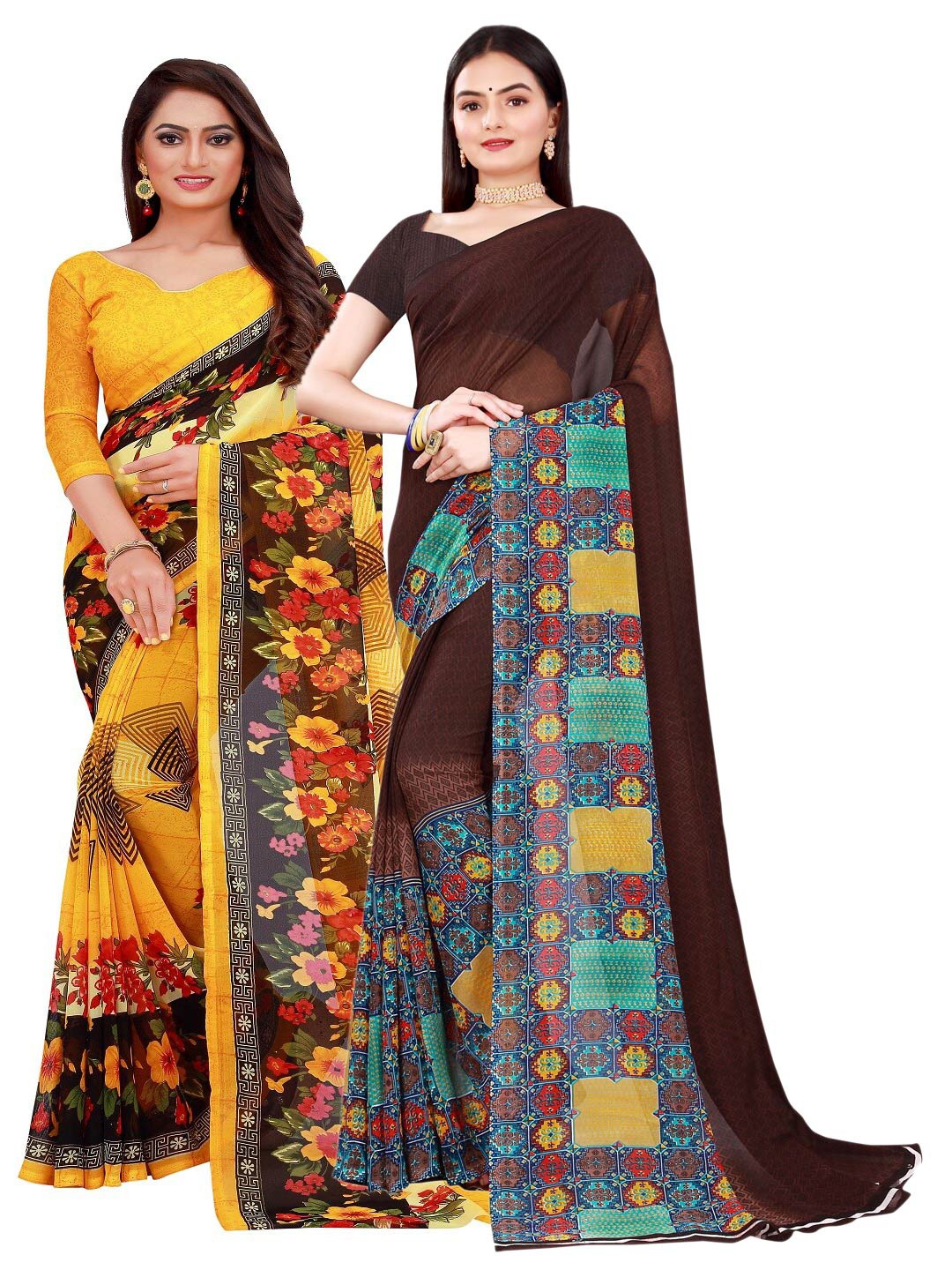

SAADHVI Pack of 2 Yellow & Brown Floral Pure Georgette Saree