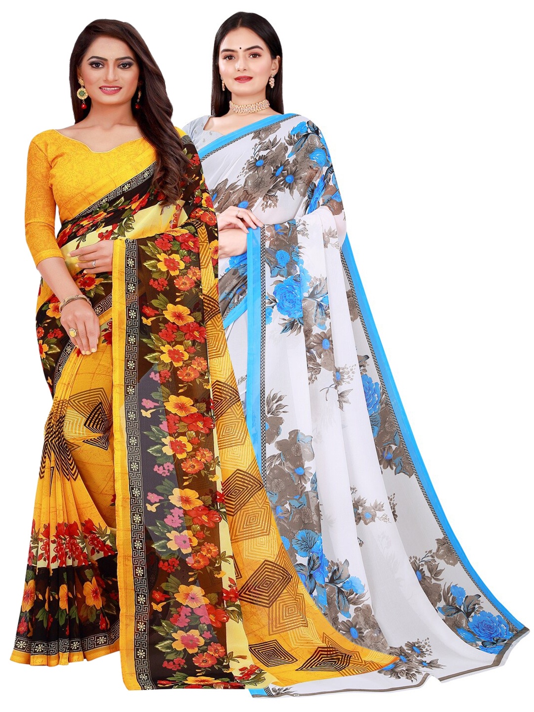 

SAADHVI Pack of 2 Yellow & White Pure Georgette Saree