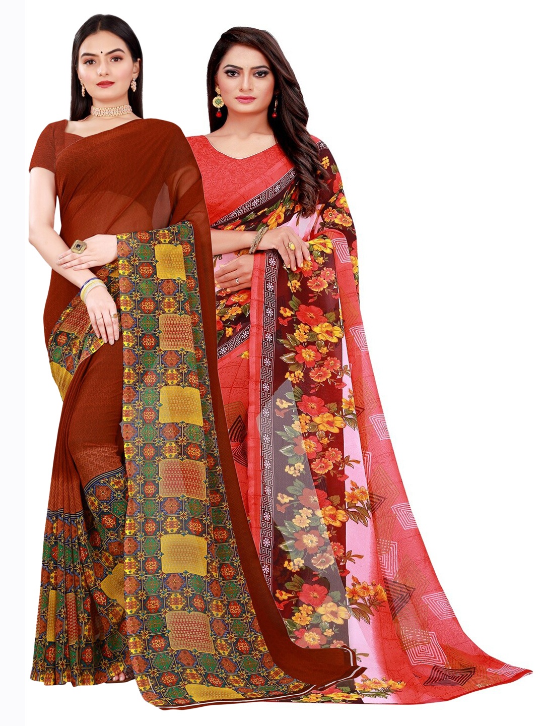 

SAADHVI Pack of 2 Printed Pure Georgette Saree, Peach