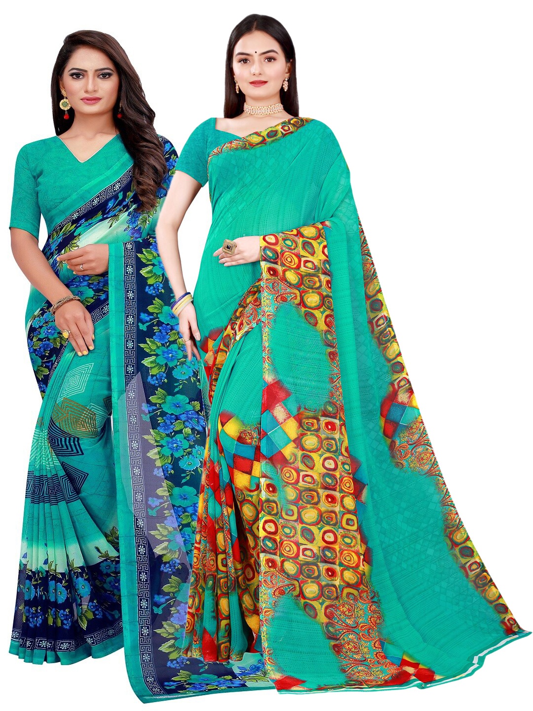 

SAADHVI Pack of 2 Printed Pure Georgette Saree, Green