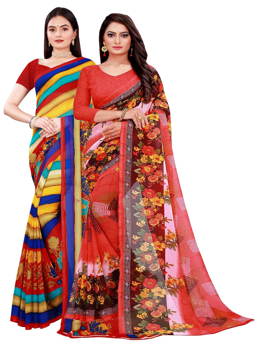 

SAADHVI Pack of 2 Peach-Coloured & Red Pure Georgette Saree