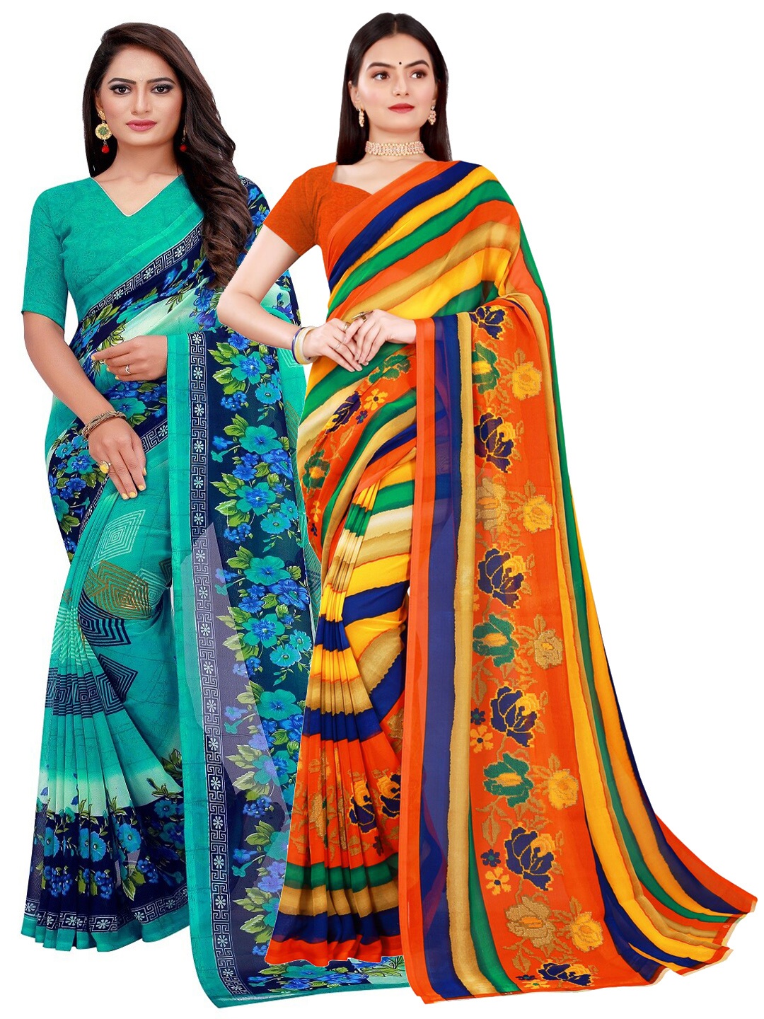

SAADHVI Pack of 2 Green & Orange Pure Georgette Saree