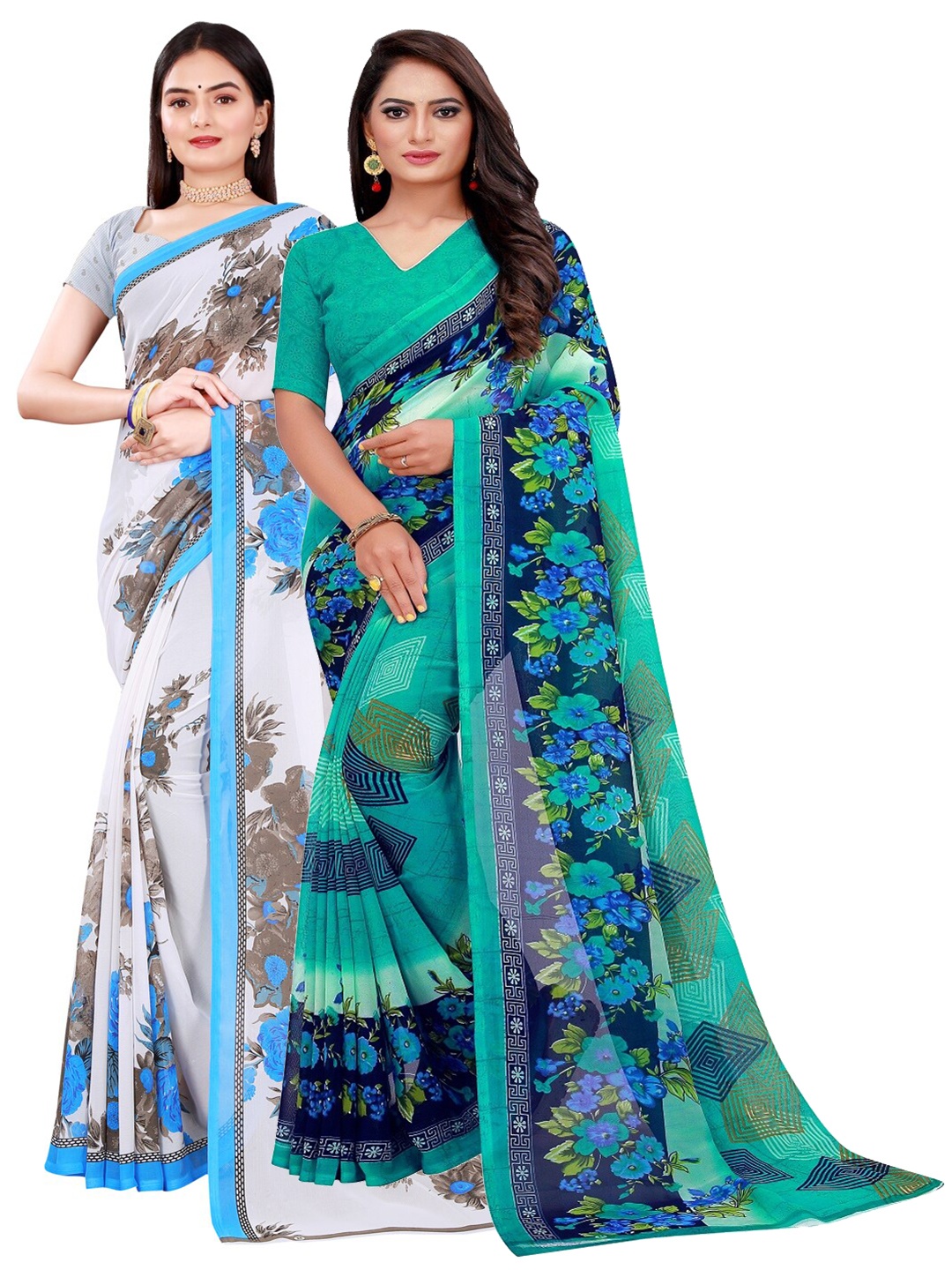 

SAADHVI Pack of 2 Green & White Pure Georgette Saree