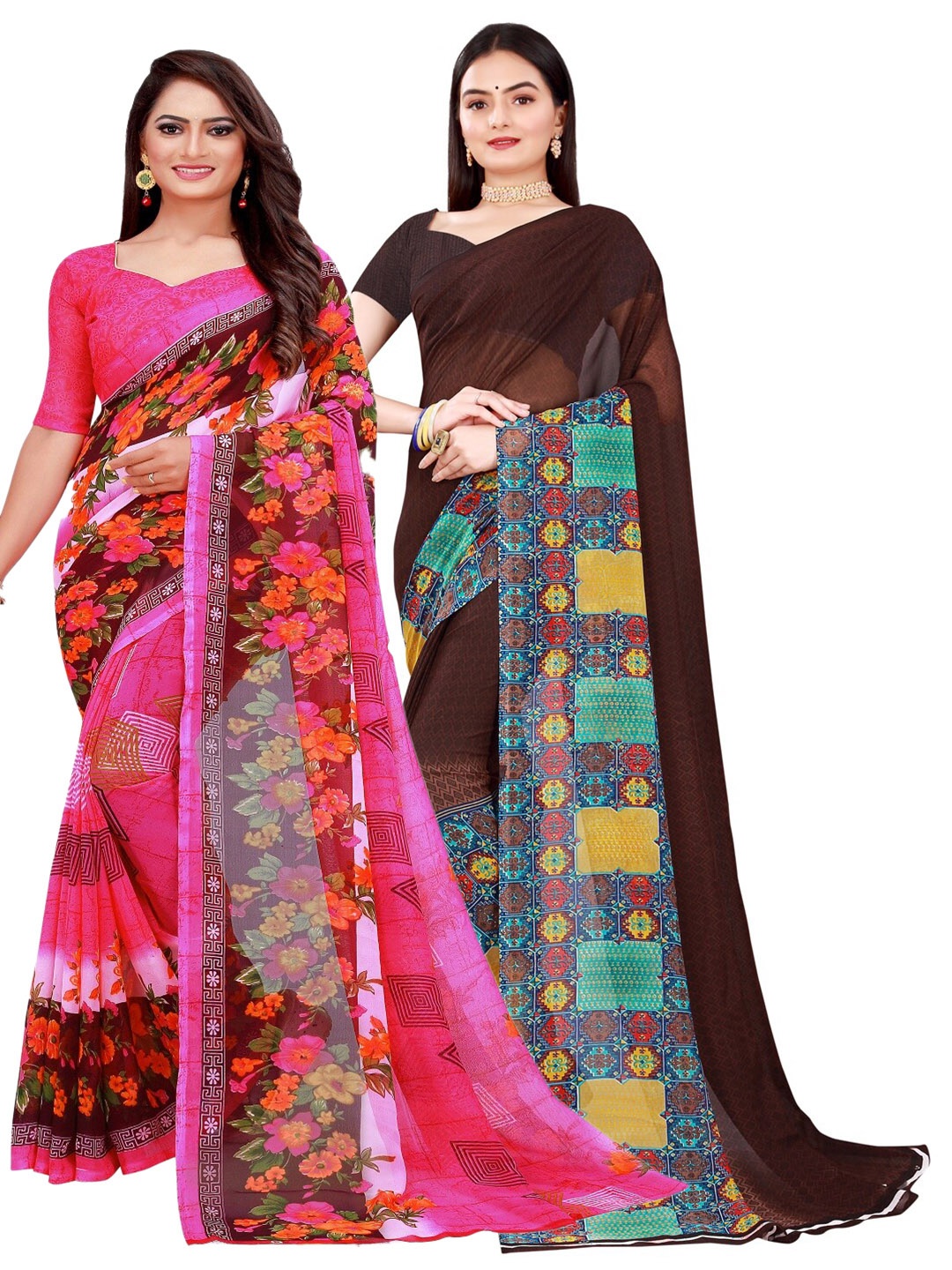 

SAADHVI Pack of 2 Printed Pure Georgette Saree, Pink