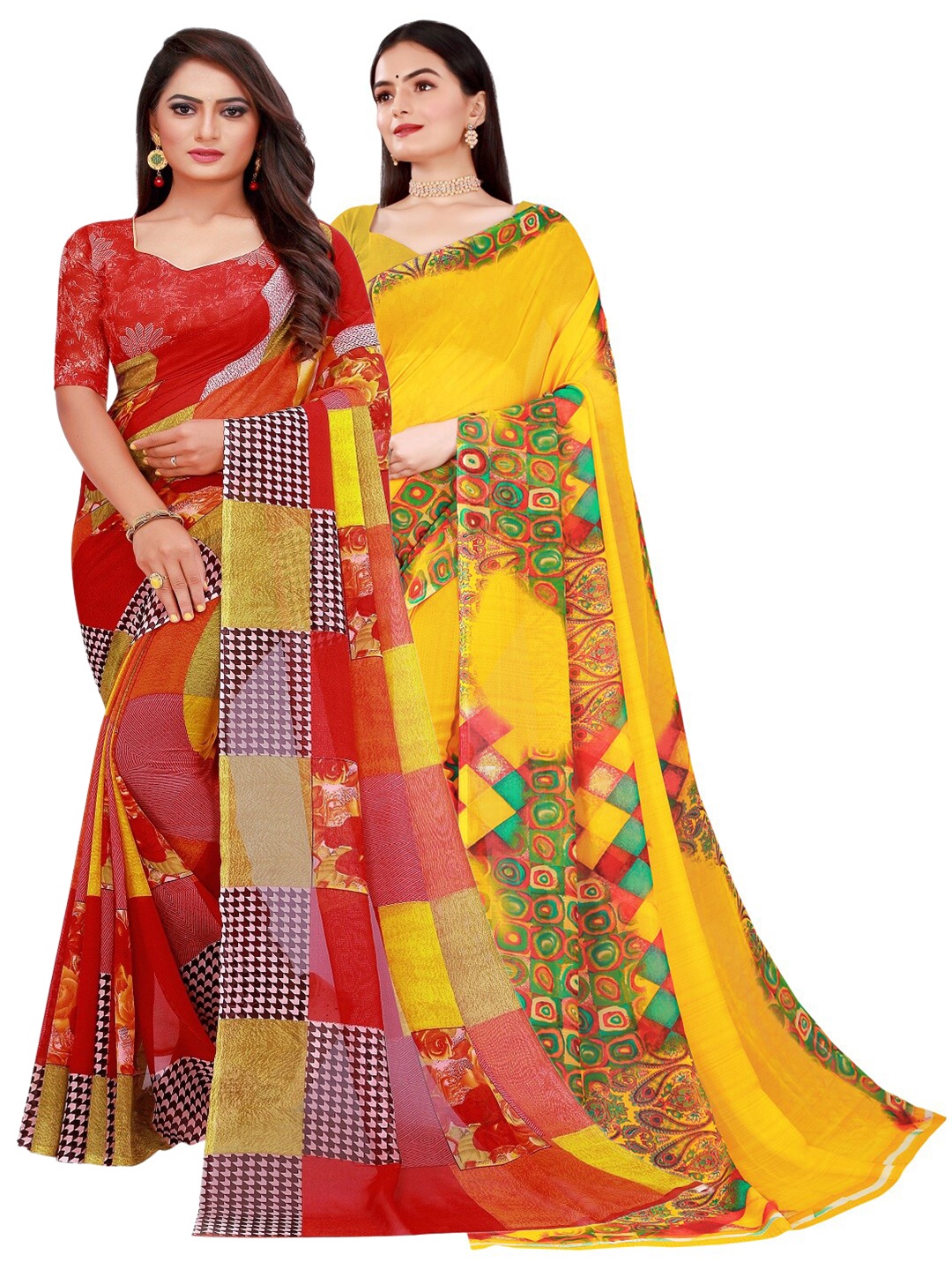 

SAADHVI Pack of 2 Printed Pure Georgette Saree, Red