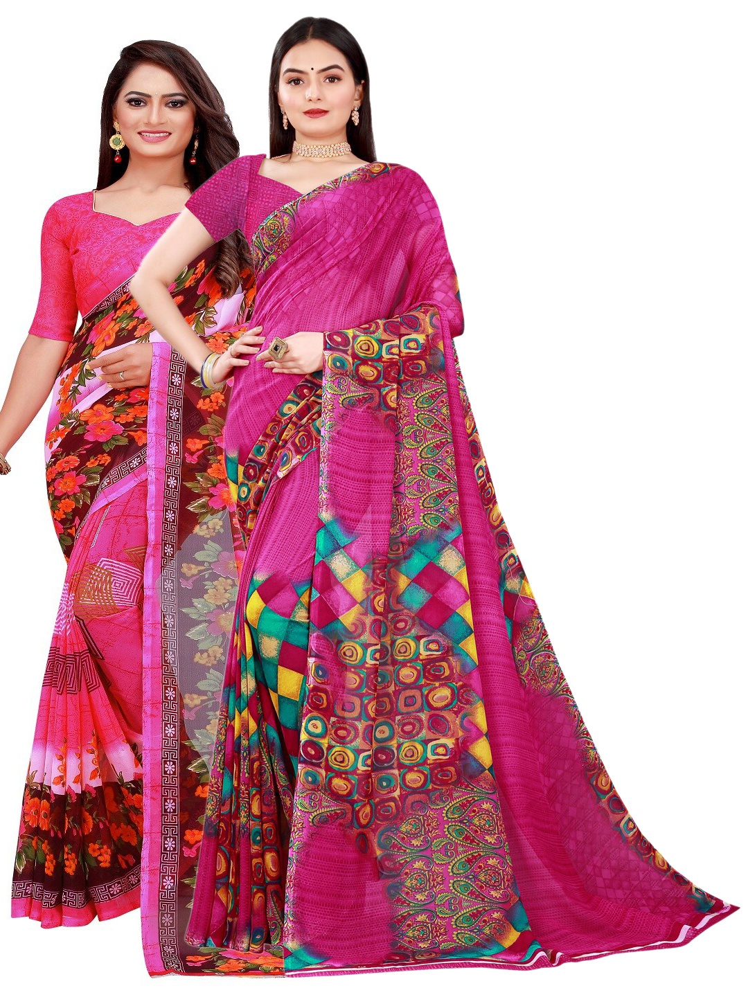 

SAADHVI Pack of 2 Printed Pure Georgette Saree, Pink