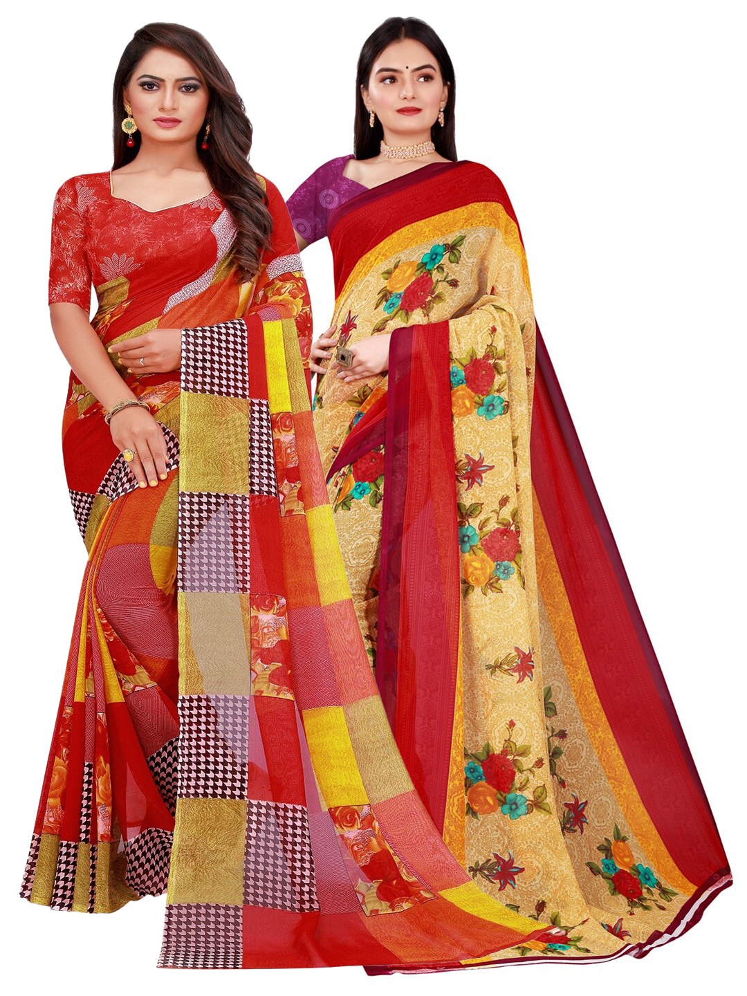 

SAADHVI Pack of 2 Red & Yellow Pure Georgette Saree