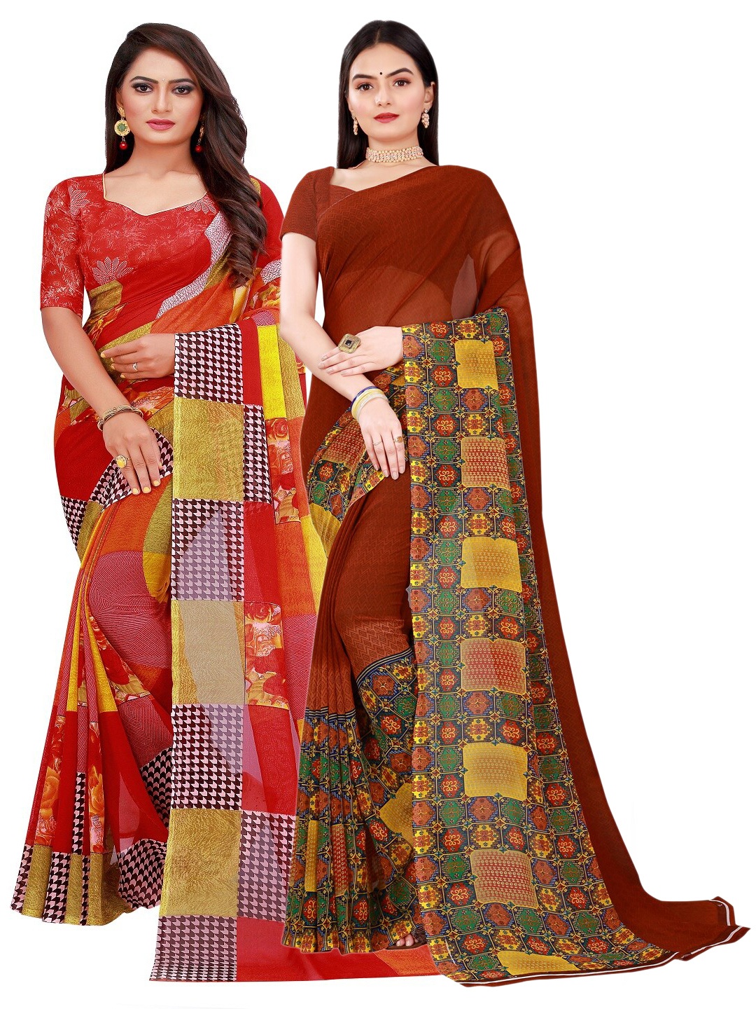 

SAADHVI Pack of 2 Printed Pure Georgette Saree, Red