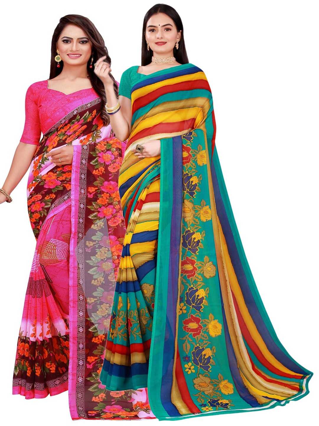 

SAADHVI Pack of 2 Pink & Green Floral Pure Georgette Saree