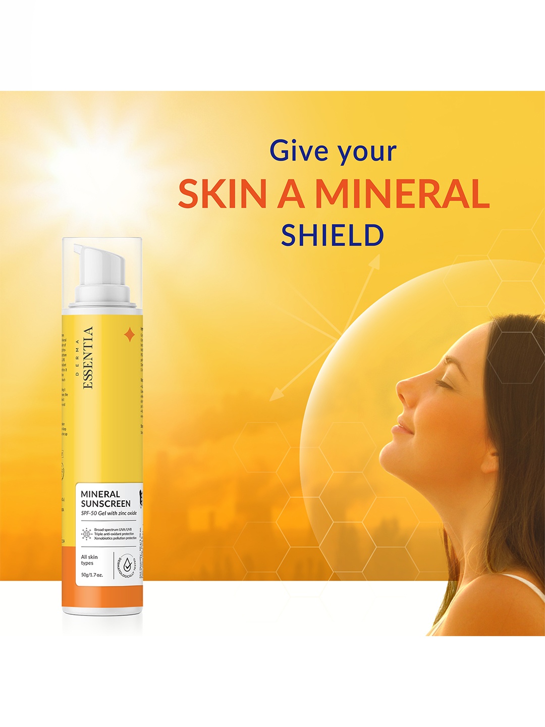 

DERMA ESSENTIA SPF 50 PA+++ Mineral Sunscreen Gel with Zinc Oxide - 50 g, Yellow