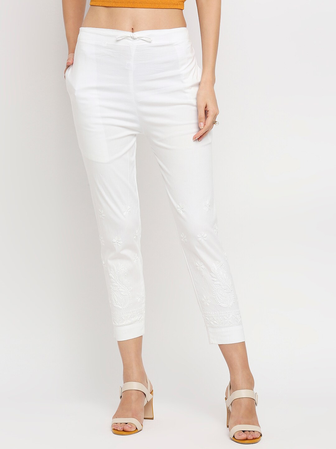 

Indiankala4u Women White Chikankari Hand Embroidered Lycra Cotton Cigarette Trousers