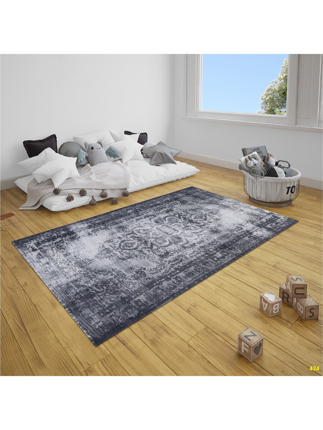 

SANDED EDGE Black & White Traditional Printed Rectangular Wool Carpet