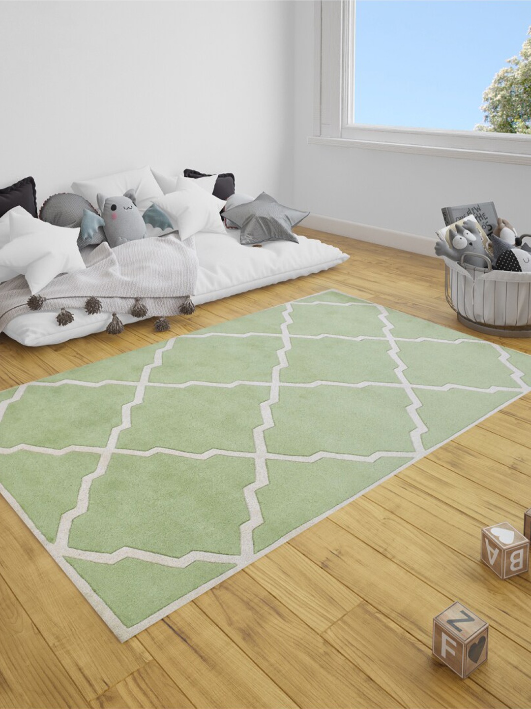 

SANDED EDGE Green & White Geometric Printed Woolen Heavy Floor Carpet