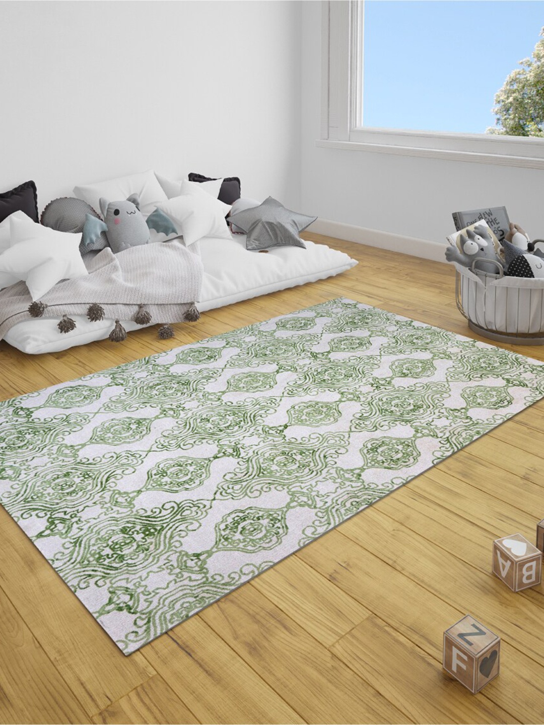 

SANDED EDGE Green & White Printed Woolen Heavy Floor Carpet