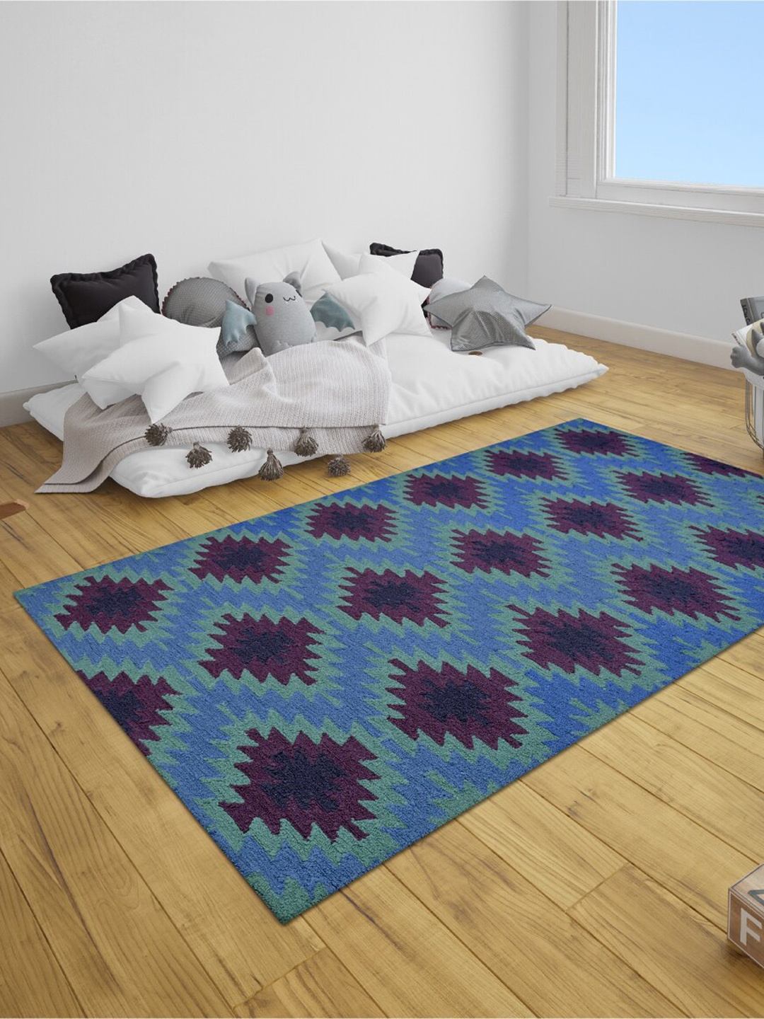 

SANDED EDGE Blue Geometric Printed Rectangular Wool Carpets