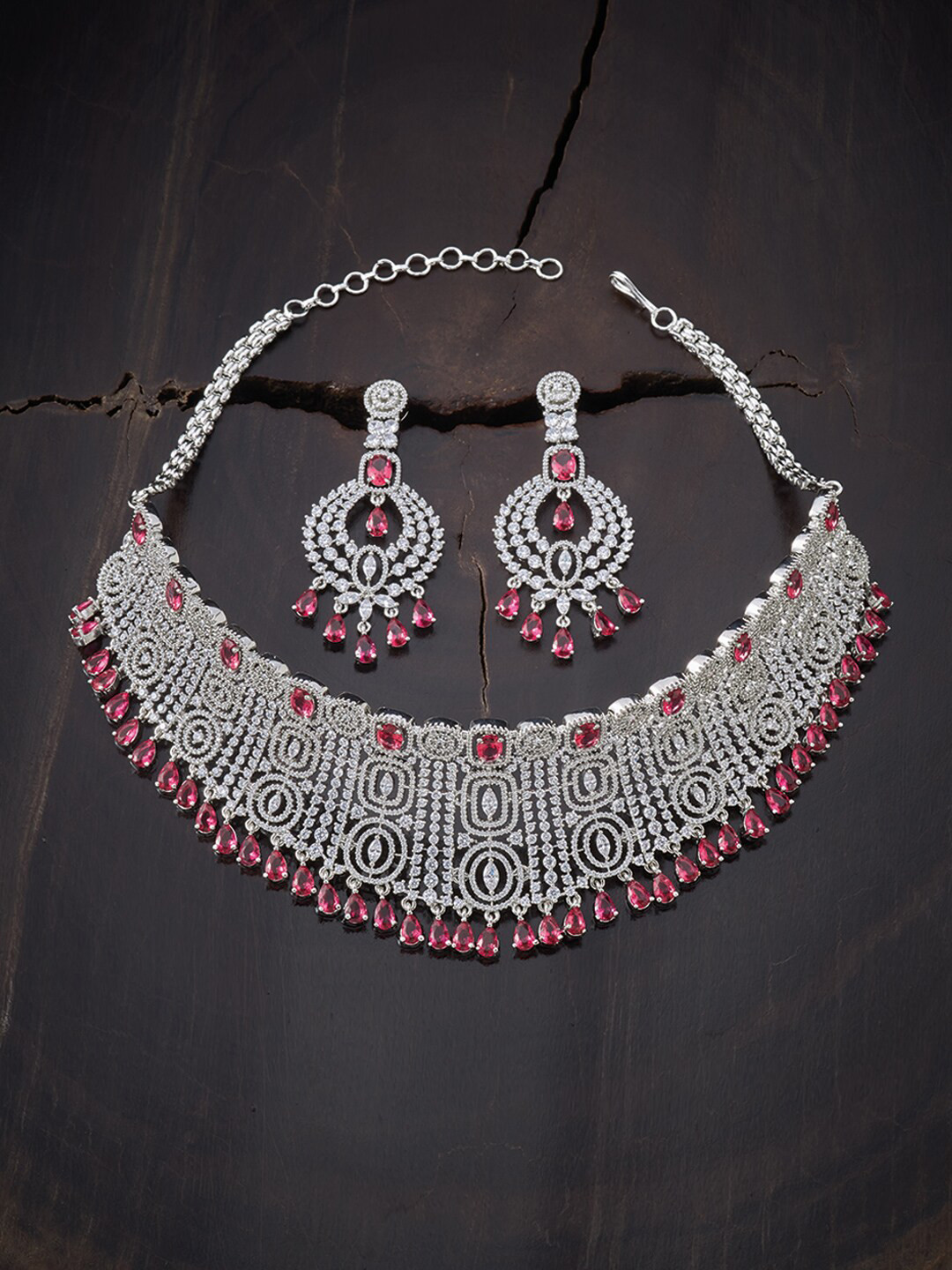 

Kushal's Fashion Jewellery Rhodium-Plated Magenta & White Choker Jewellery Set