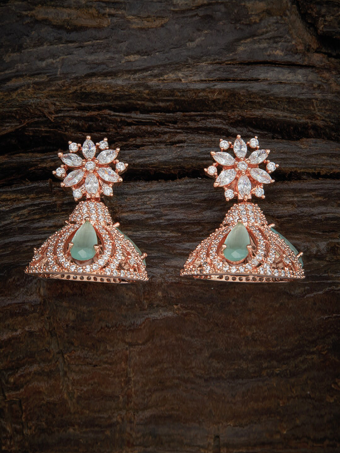 

Kushal's Fashion Jewellery Sea Green Rose Gold-Plated Dome Shaped Jhumkas Earrings