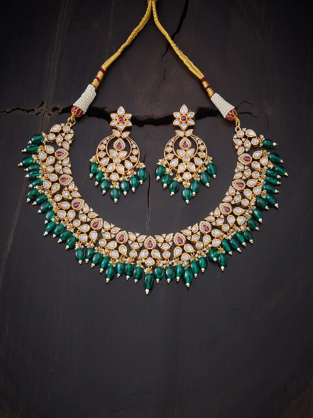 

Kushal's Fashion Jewellery Red & Green Gold-Plated Vilandi Necklace Set