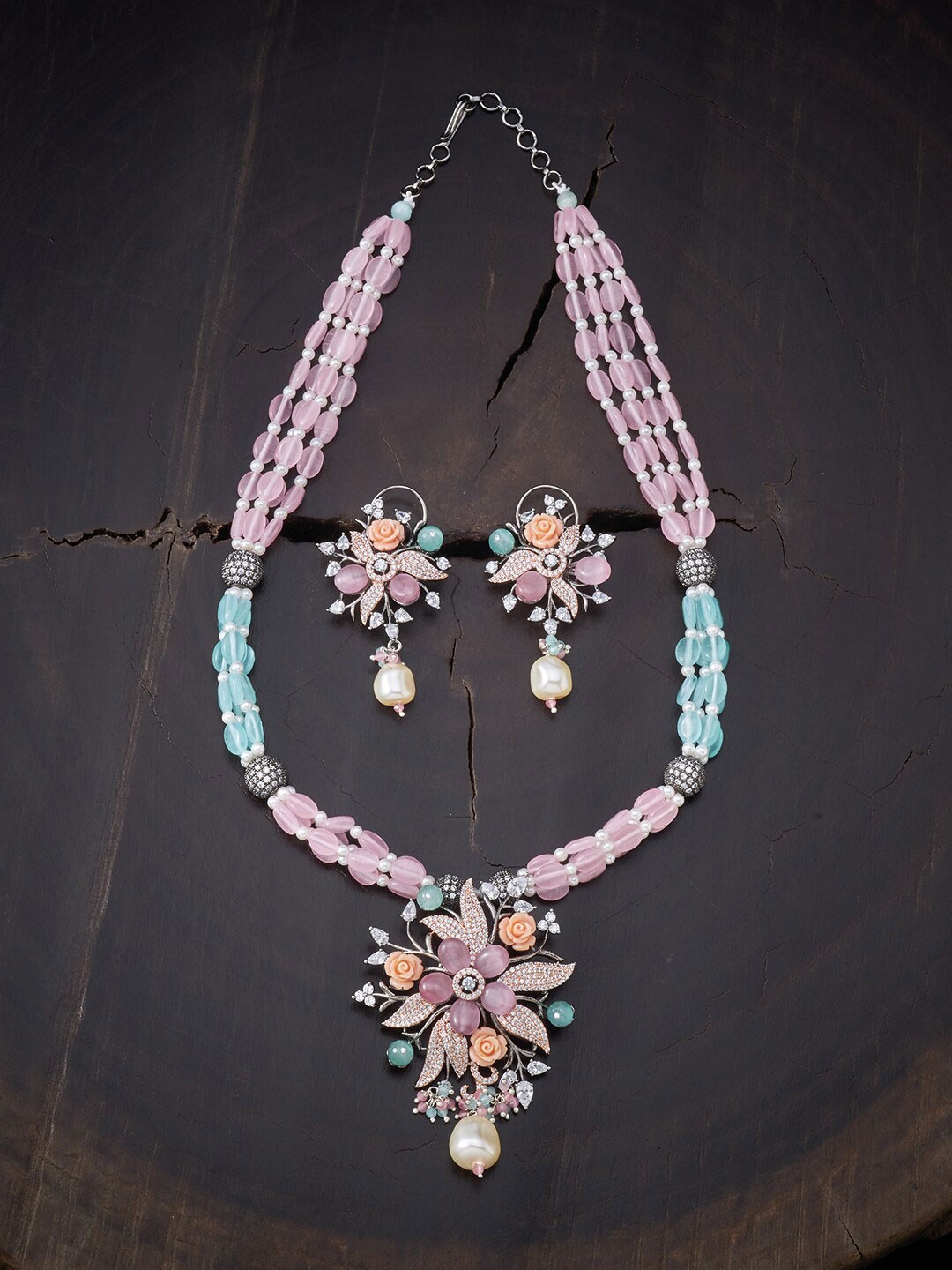 

Kushal's Fashion Jewellery Pink & Sea Green Rhodium-Plated Layered Necklace