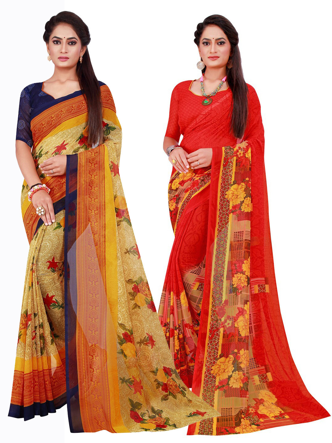 

KALINI Beige & Red Set Of 2 Pure Georgette Saree