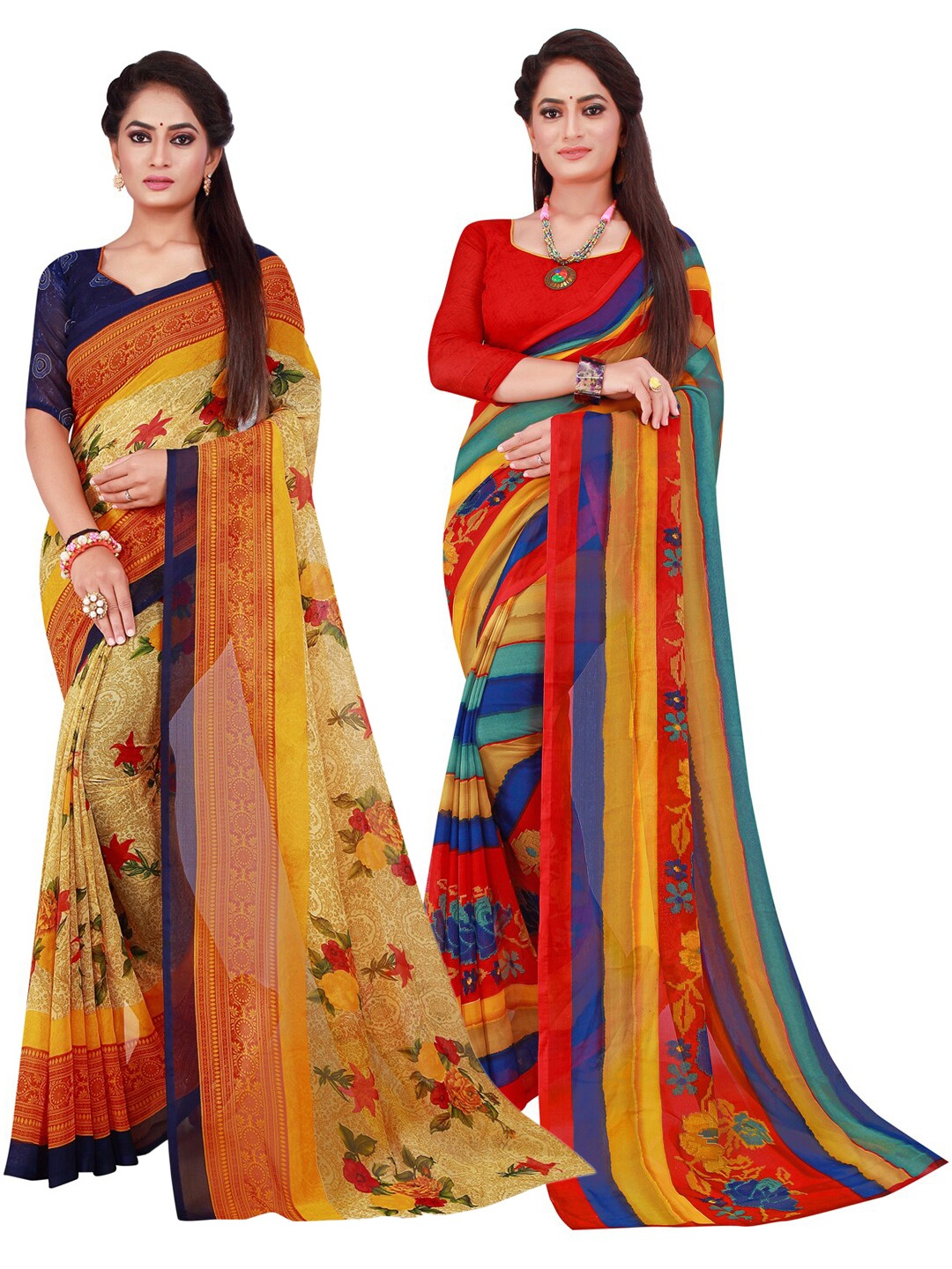 

KALINI Beige & Blue Set Of 2 Pure Georgette Saree