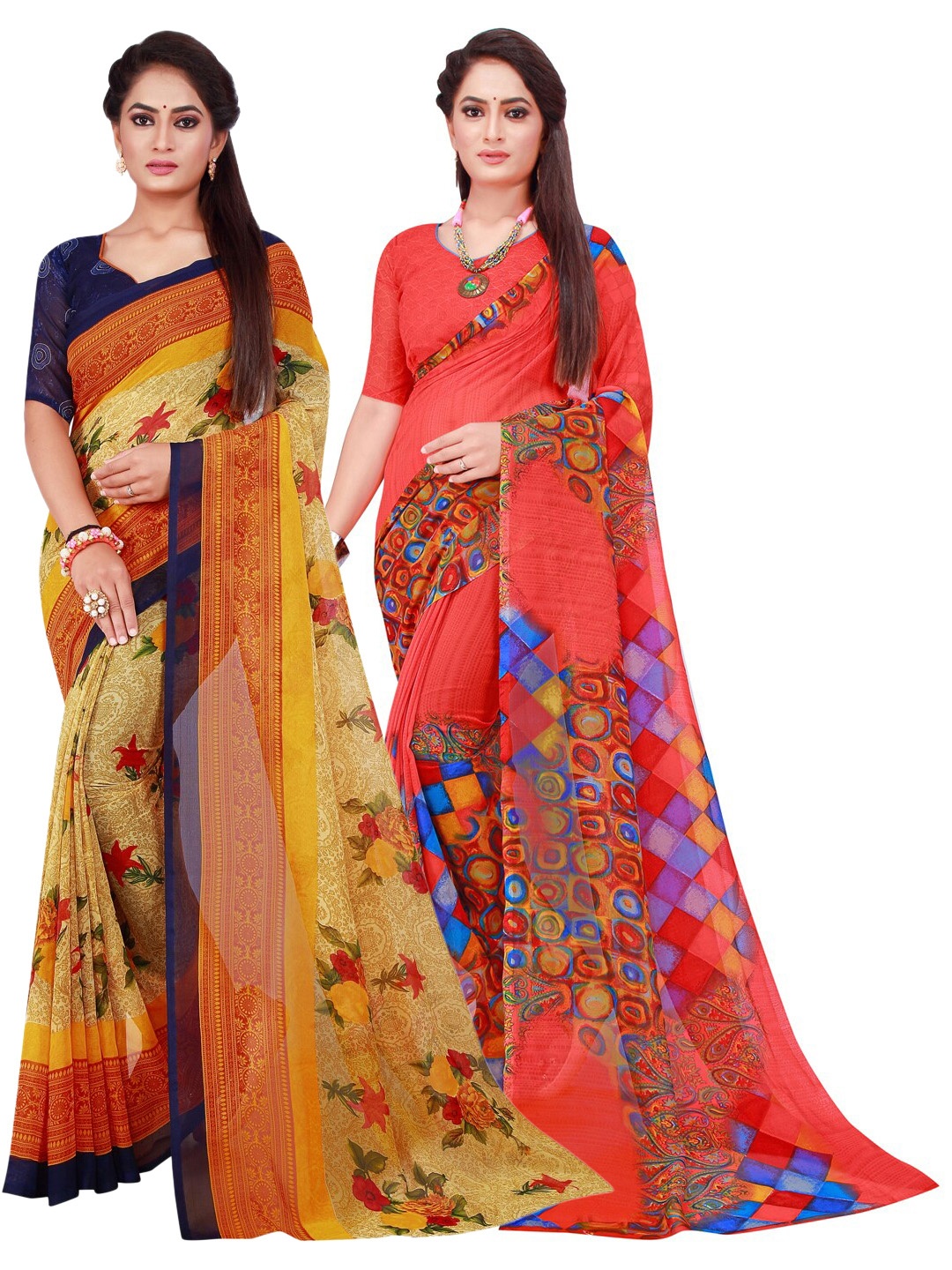 

KALINI Beige & Red Set Of 2 Pure Georgette Saree