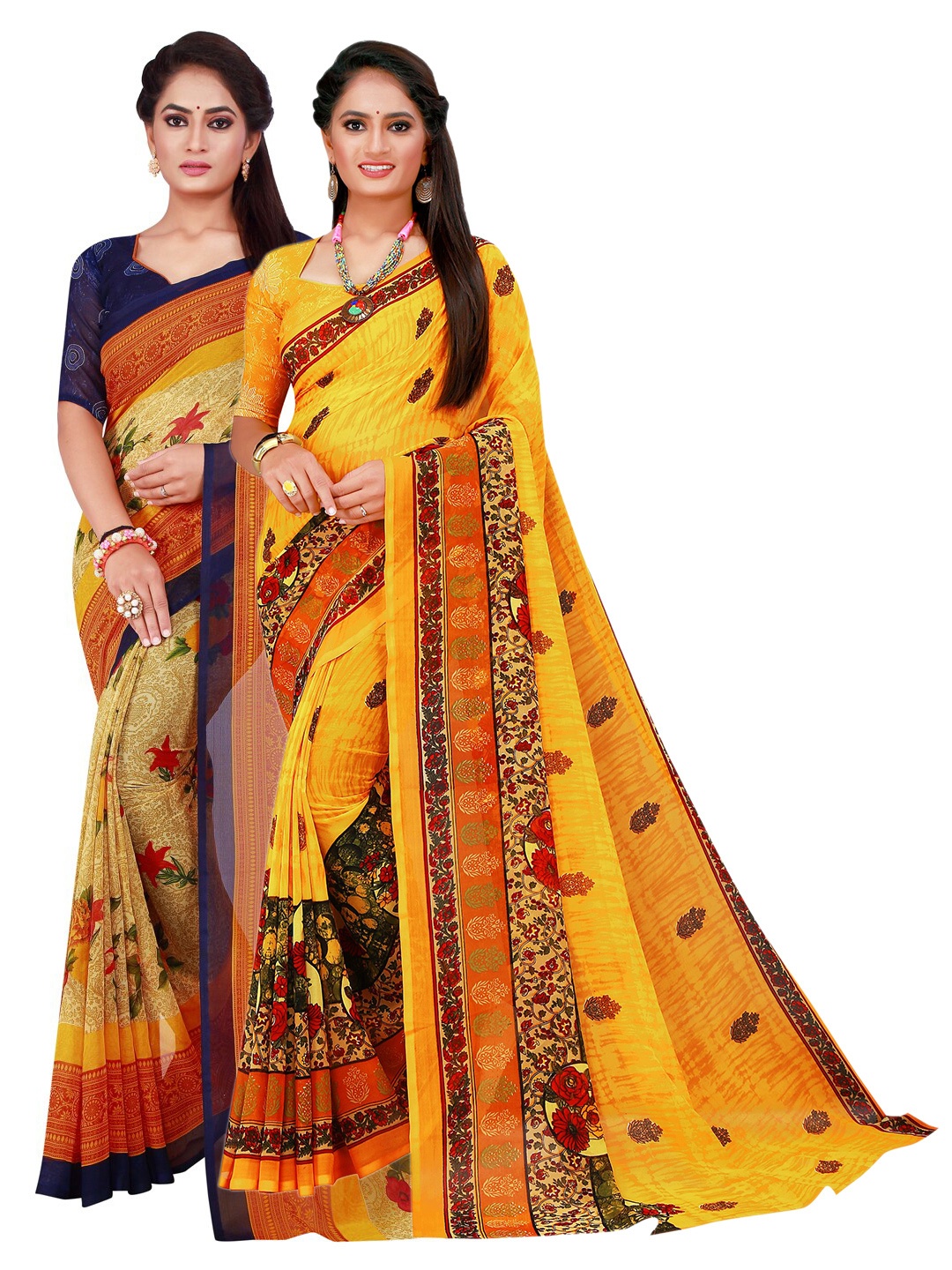 

KALINI Beige & Yellow Set Of 2 Pure Georgette Saree