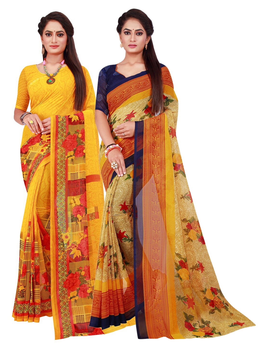 

KALINI Yellow & Beige Set Of 2 Pure Georgette Saree