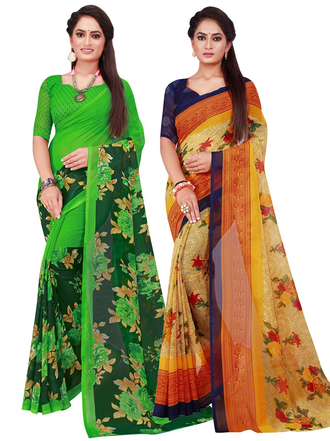 

KALINI Beige & Green Set Of 2 Floral Pure Georgette Saree