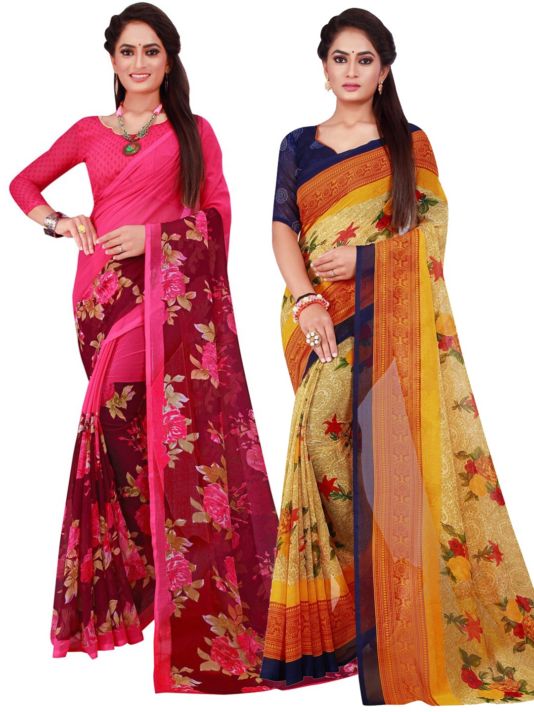 

KALINI Pack Of 2 Pure Georgette Sarees, Beige