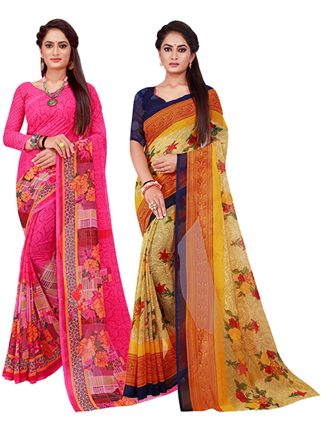 

KALINI Magenta & Beige Set Of 2 Pure Georgette Saree