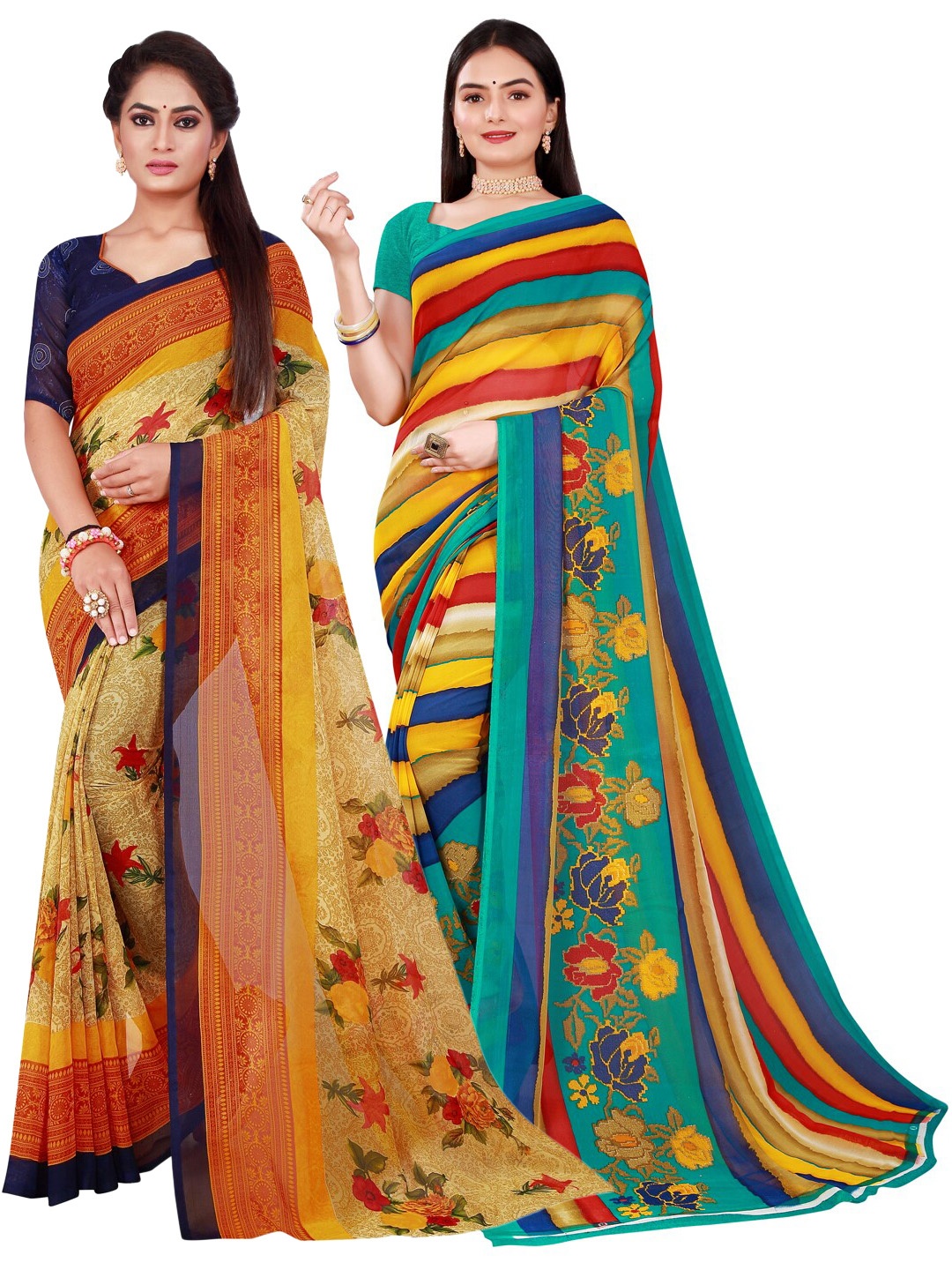 

KALINI Beige & Blue Set Of 2 Pure Georgette Saree