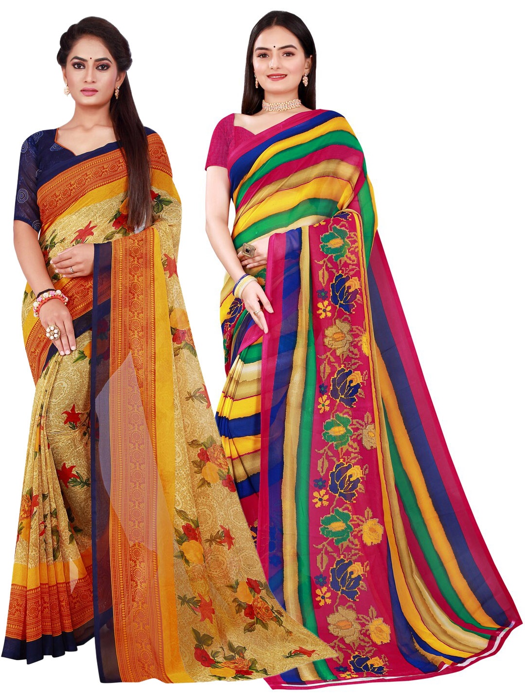 

KALINI Beige & Blue Set Of 2 Pure Georgette Saree