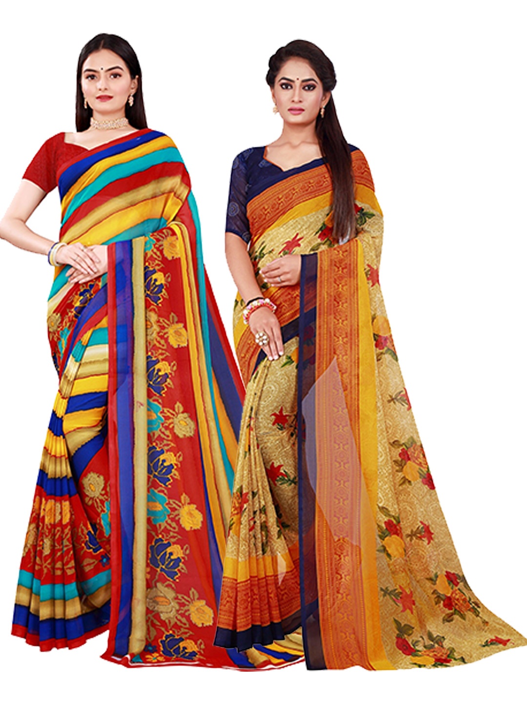 

KALINI Beige & Red Set Of 2 Pure Georgette Saree