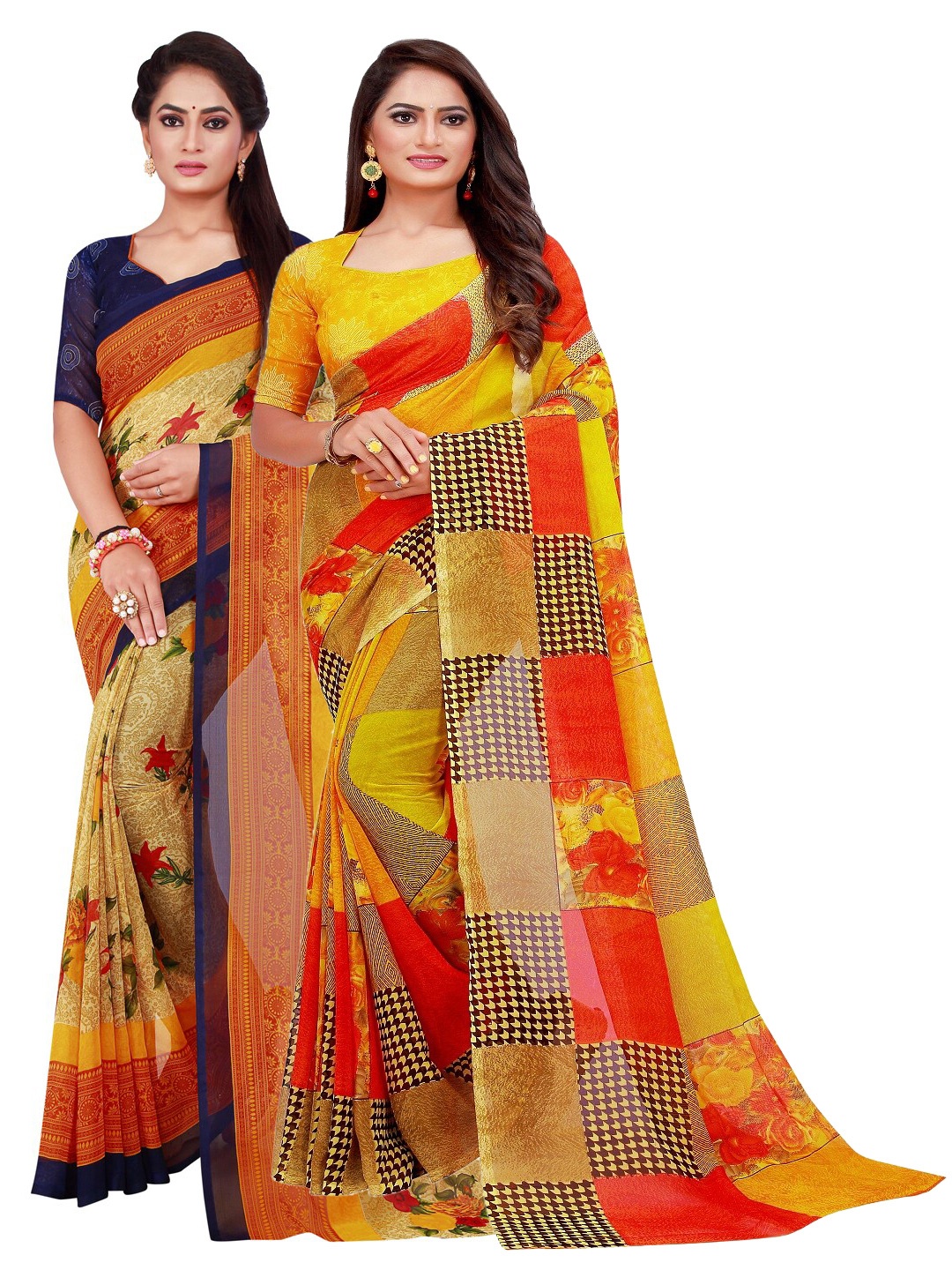 

KALINI Beige & Blue Set Of 2 Pure Georgette Saree