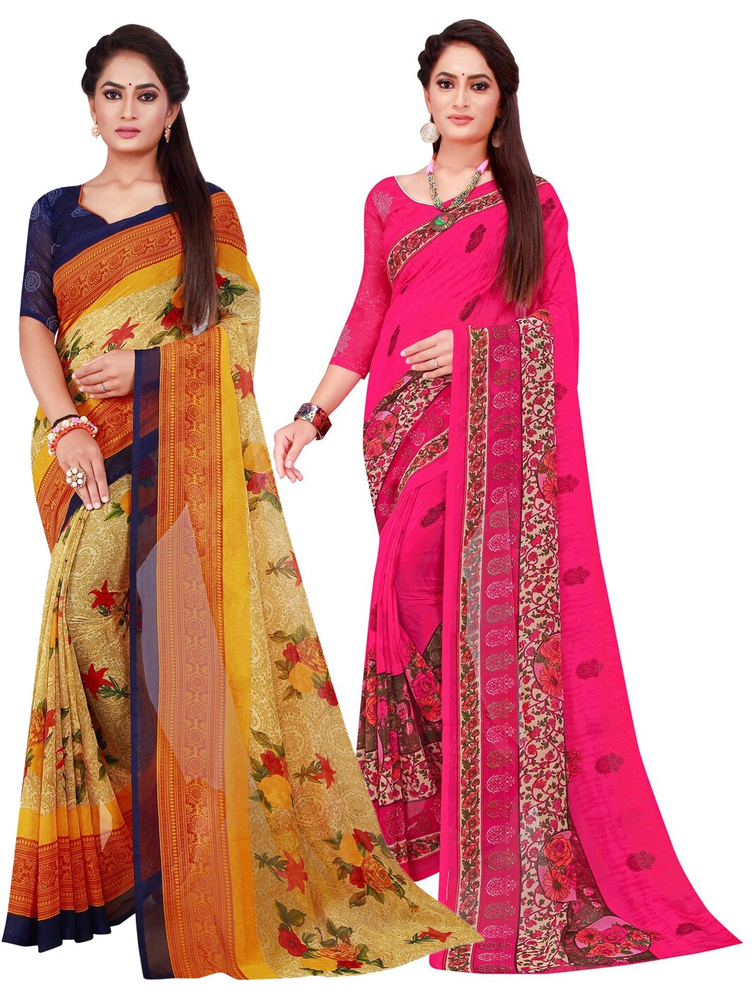 

KALINI Beige & Magenta Set Of 2 Pure Georgette Saree