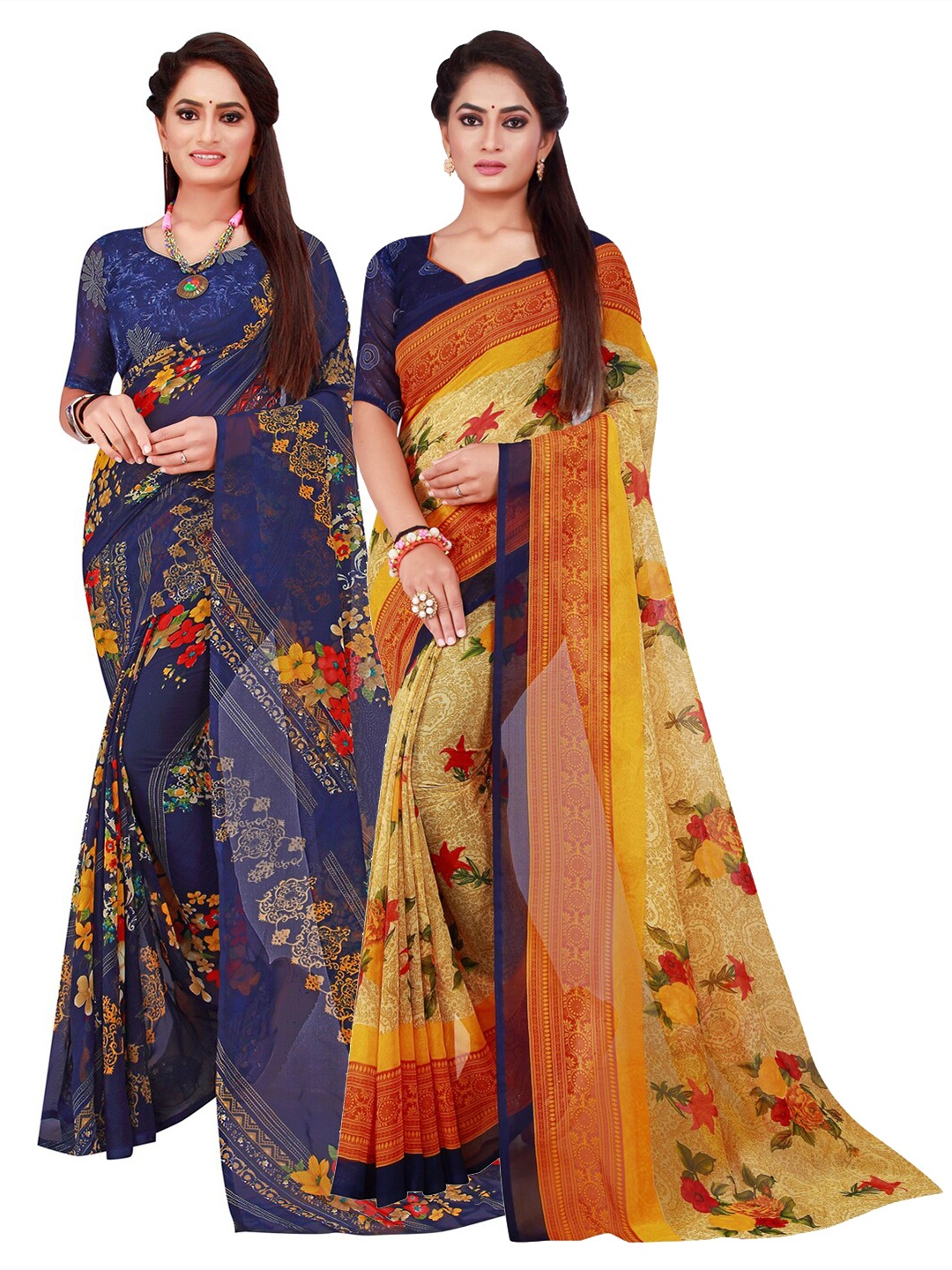 

KALINI Beige & Navy Blue Set Of 2 Pure Georgette Saree