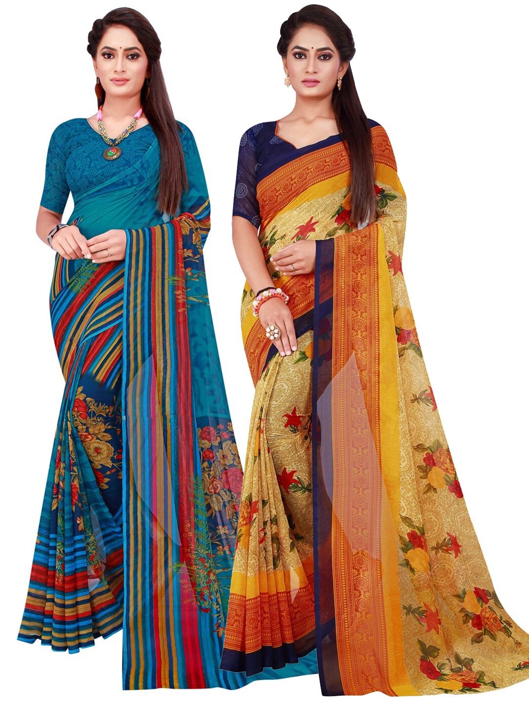 

KALINI Beige & Blue Set Of 2 Pure Georgette Saree