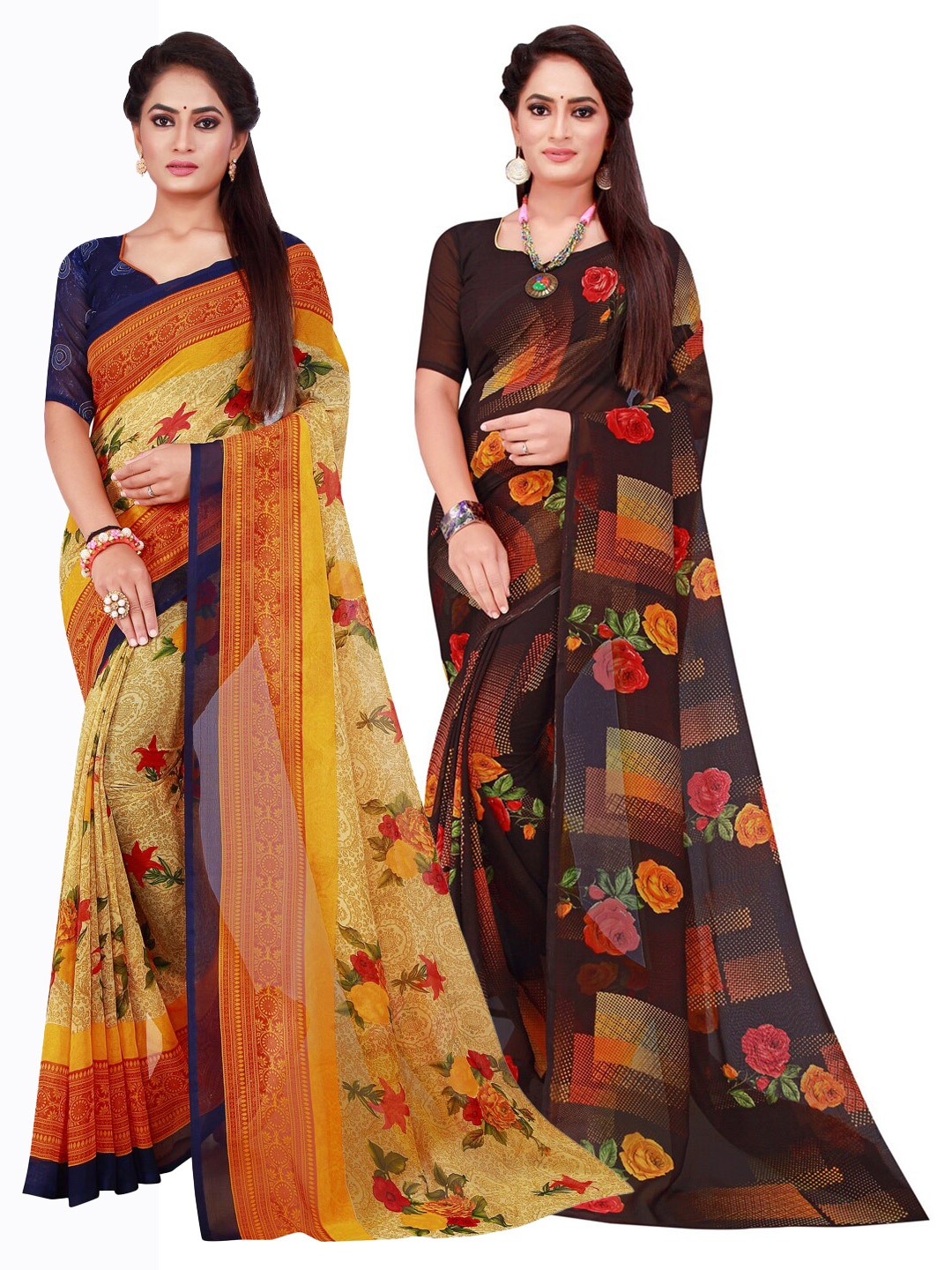 

KALINI Beige & Brown Set Of 2 Pure Georgette Saree