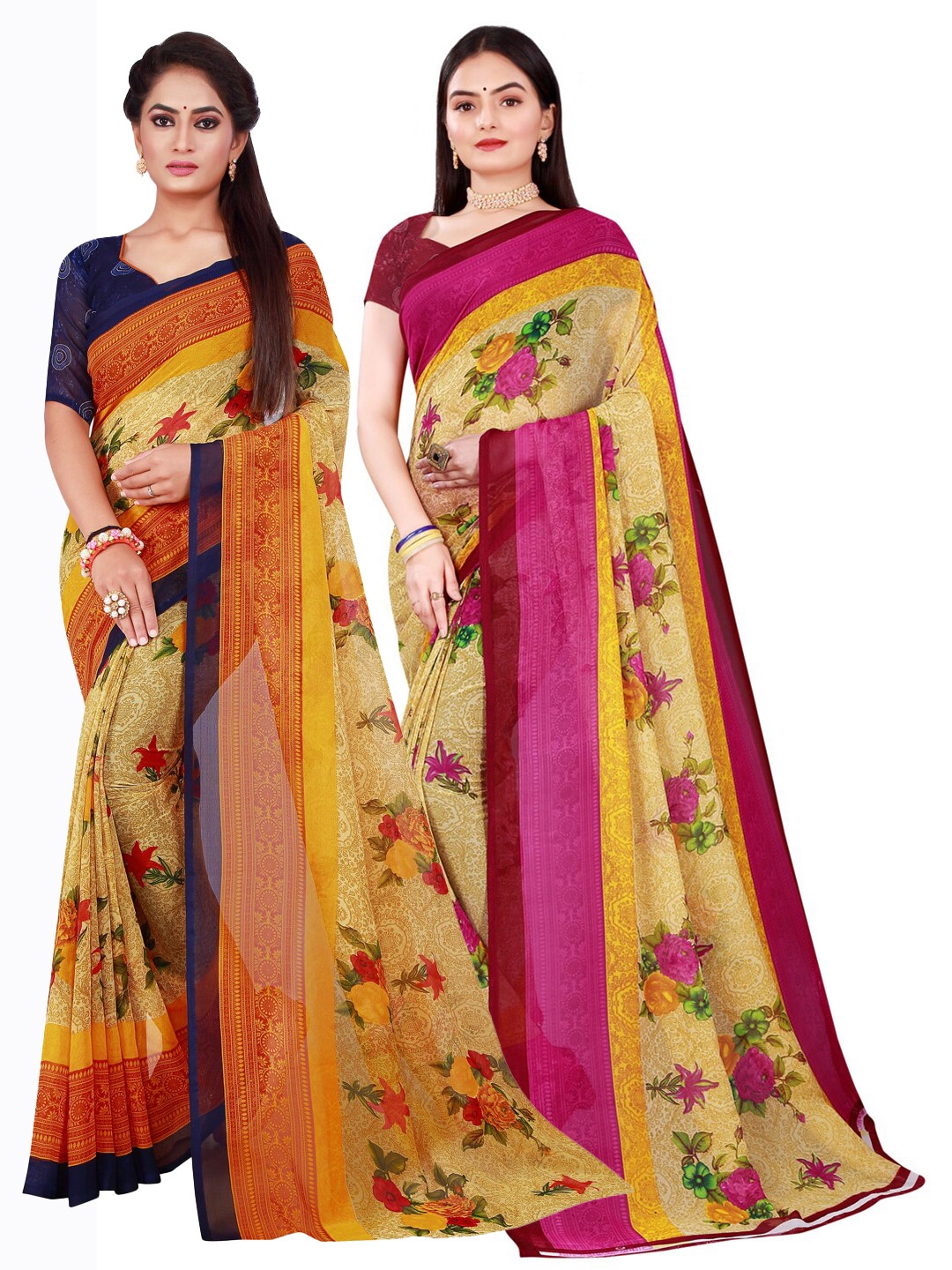 

KALINI Set Of 2 Beige & Pink Floral Pure Georgette Saree