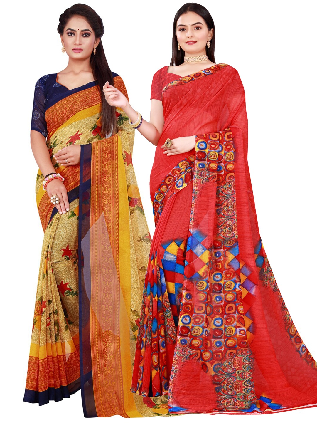 

KALINI Red & Beige Set Of 2 Pure Georgette Saree