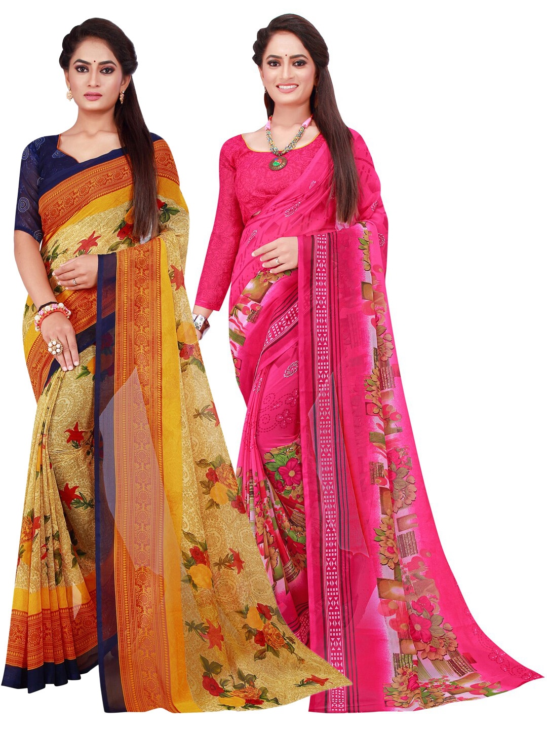 

KALINI Beige & Pink Set Of 2 Pure Georgette Saree