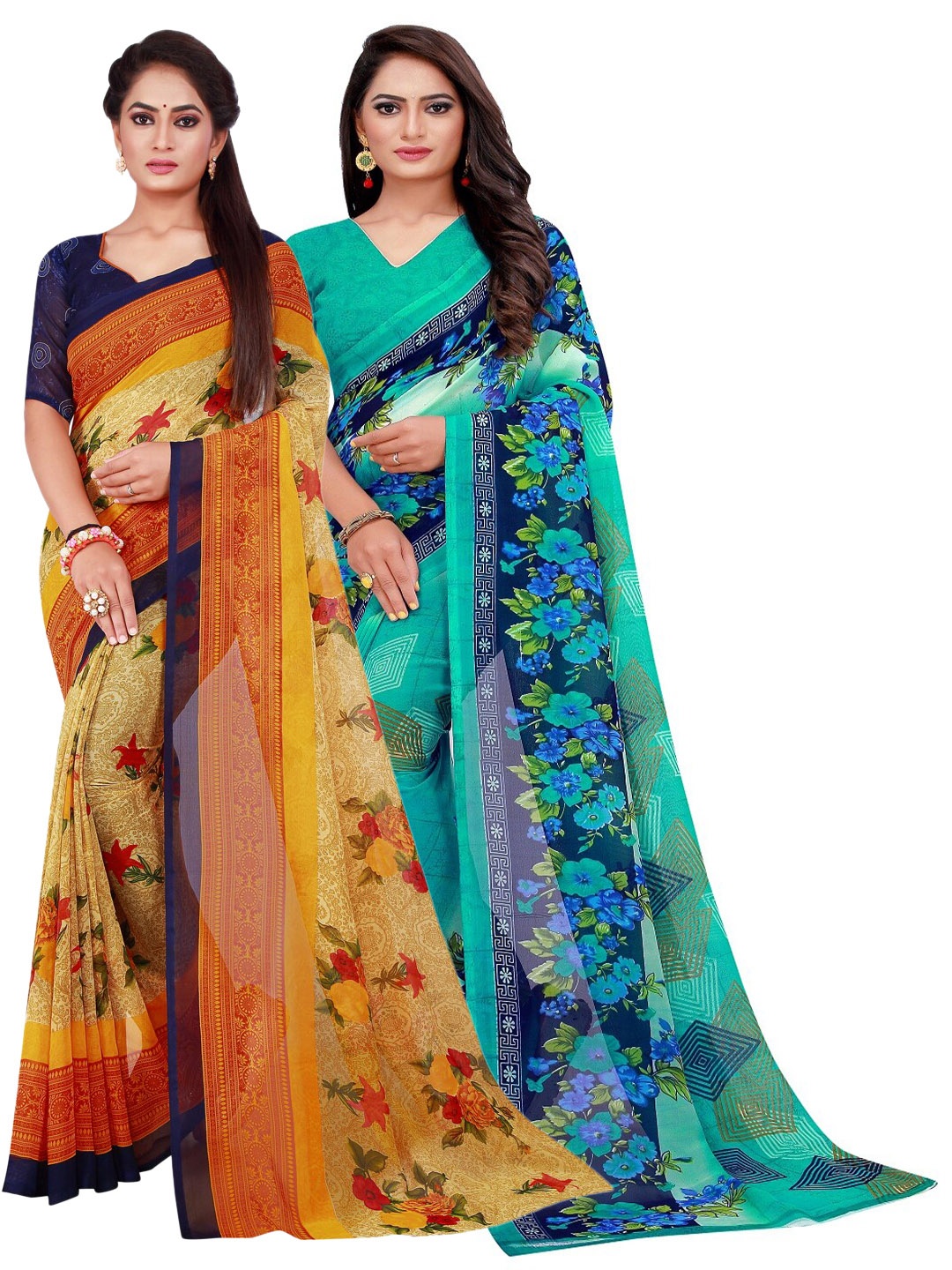 

KALINI Turquoise Blue & Beige Set Of 2 Pure Georgette Saree