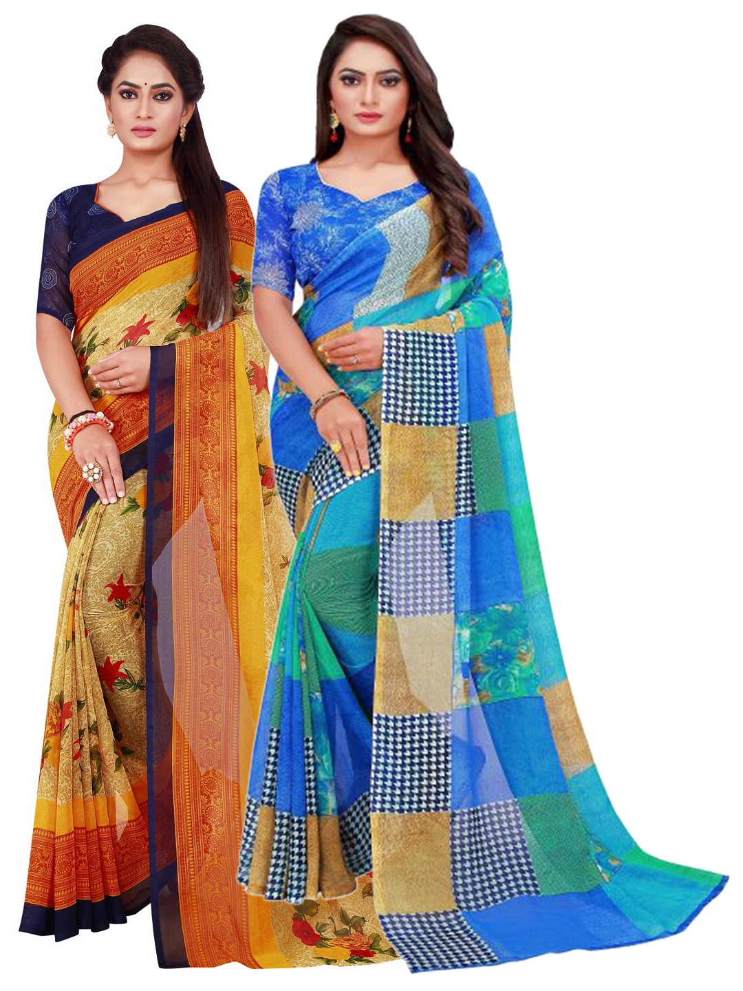 

KALINI Blue & Beige Set of 2 Geometric Printed Pure Georgette Saree