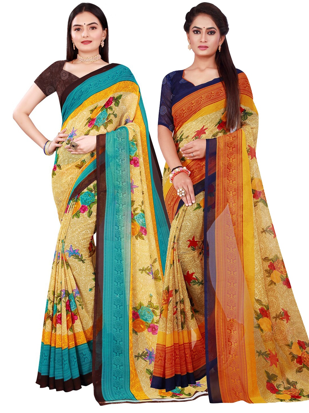 

KALINI Pack Of 2 Pure Georgette Sarees, Beige