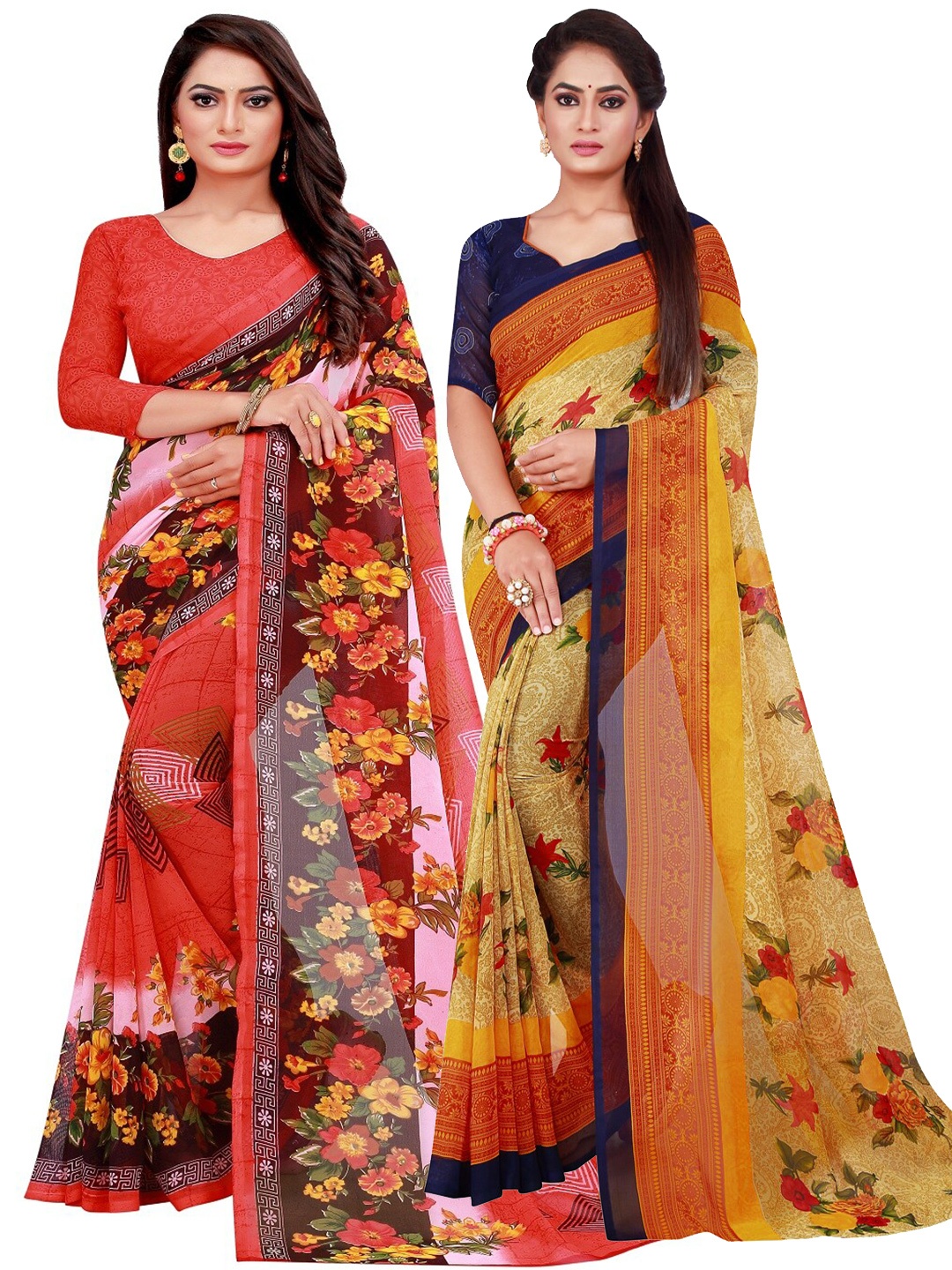 

KALINI Maroon & Red Set Of 2 Floral Pure Georgette Saree
