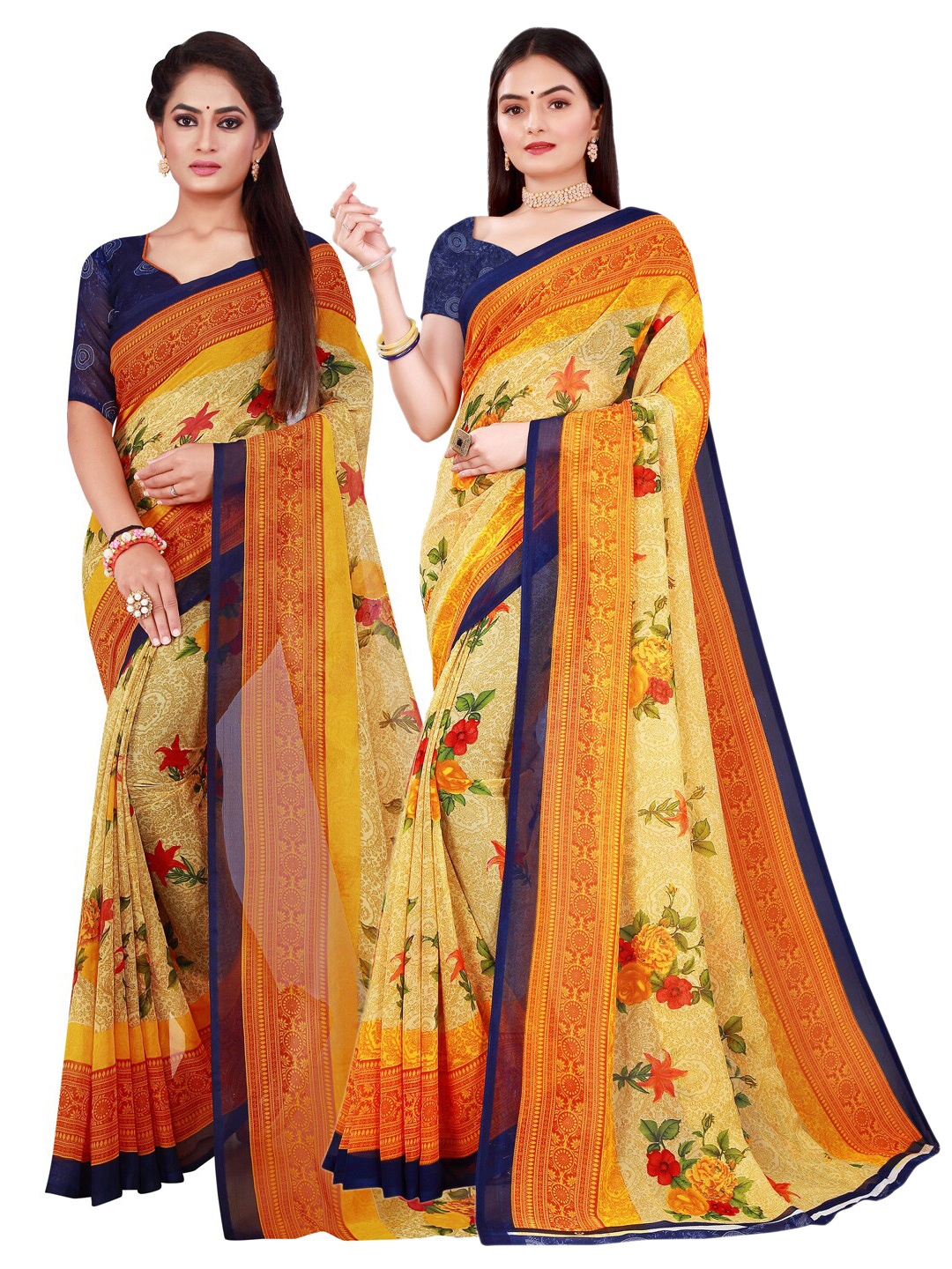 

KALINI Beige & Blue Set Of 2 Pure Georgette Saree