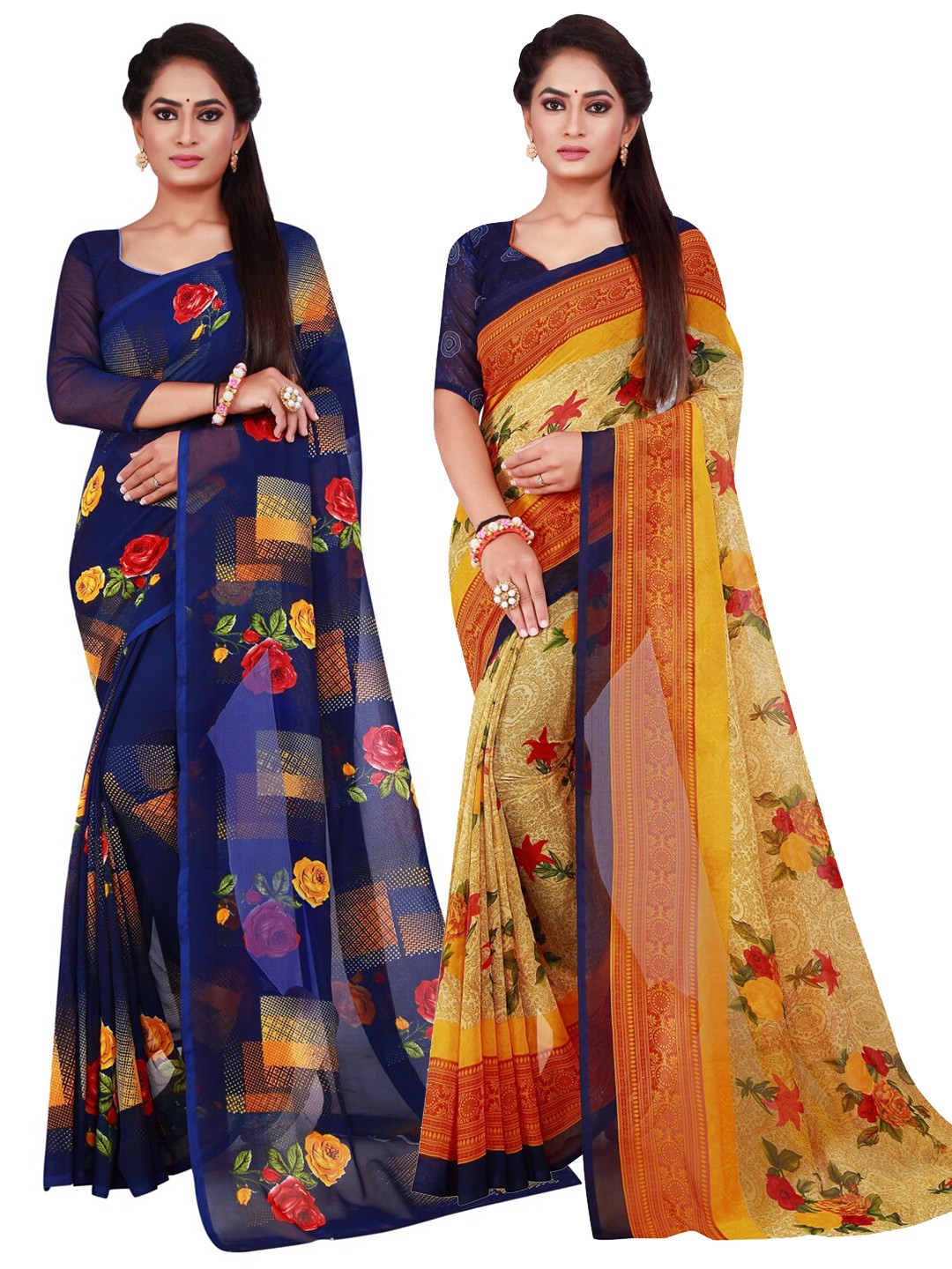 

KALINI Beige & Navy Blue Set Of 2 Pure Georgette Saree