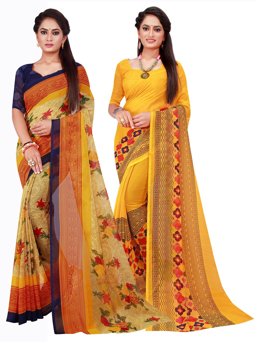 

KALINI Yellow & Beige Set Of 2 Floral Pure Georgette Saree