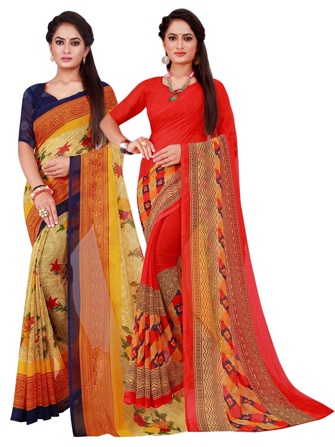 

KALINI Magenta & Beige Set Of 2 Pure Georgette Saree